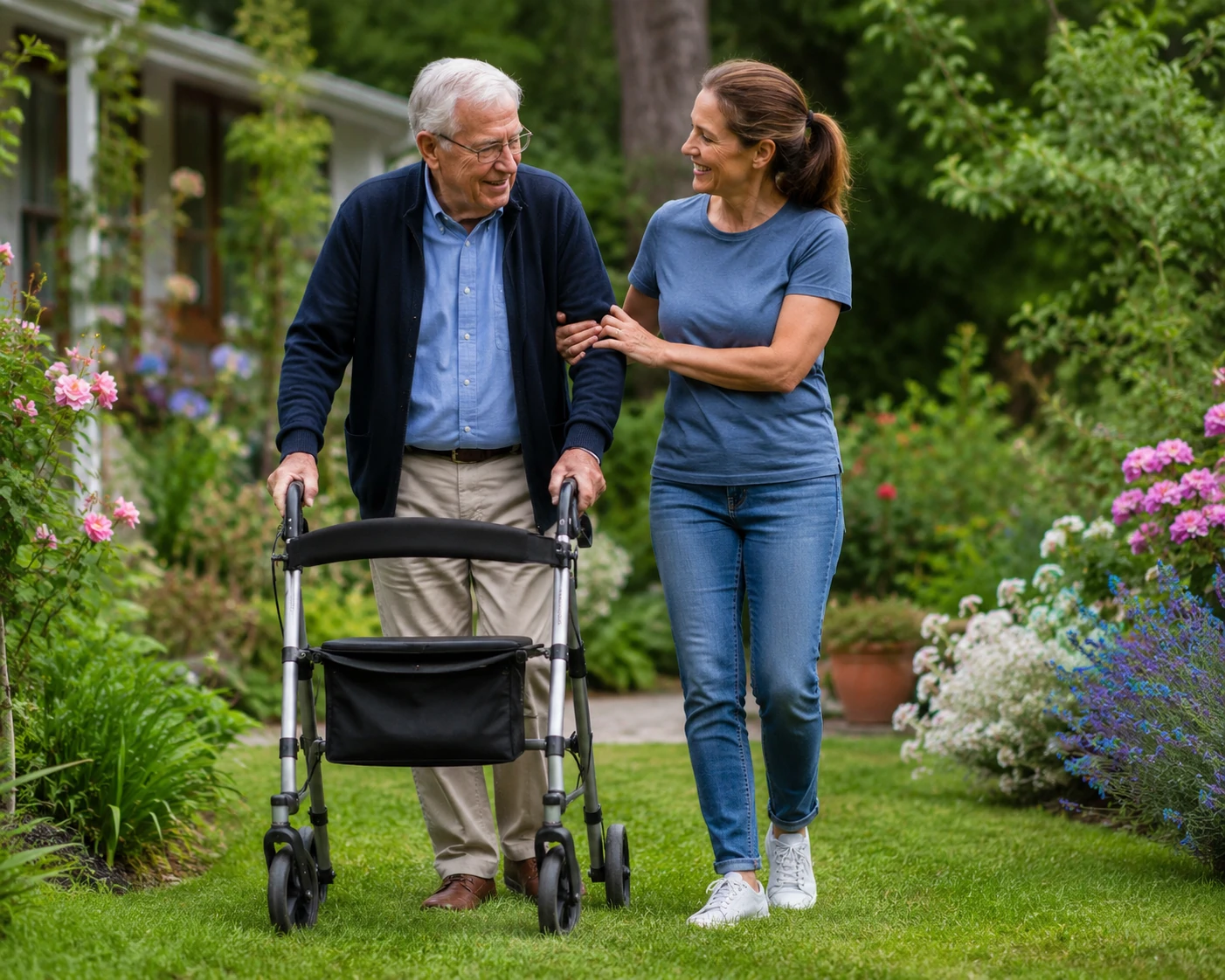 Une personne accompagnant une personne aînée dans un jardin