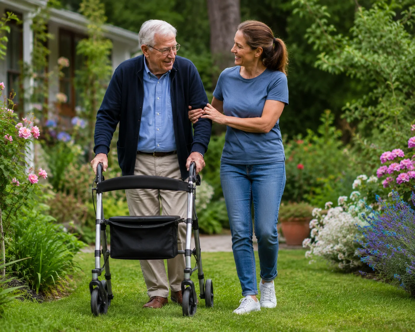 Une proche accompagnant une personne aînée dans un jardin